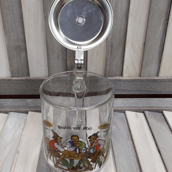 Vintage 80's Domex France Glass Beer Stein 95% zinn pewter lid - Picture 6 of 9
